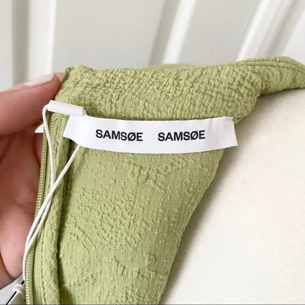 NWT Samsoe Junis ss TarragonâCrew Neck Textured Puff SleeveâDress - Picture 12 of 16